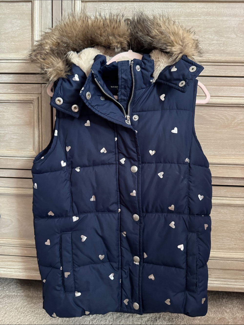 Girls Navy Heart Puffer Vest with Faux Fur-Trim Hood